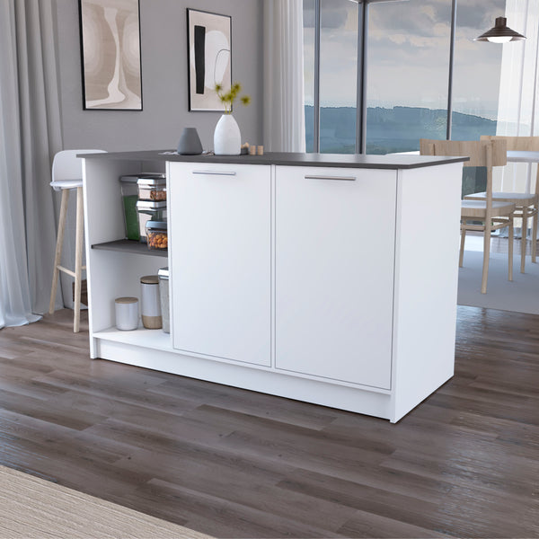 Mercury Kitchen Island with spacious Countertop Double Door Cabinets and 2 Open Storage Shelves White / Onyx