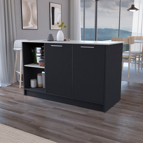 Mercury Kitchen Island with spacious Countertop Double Door Cabinets and 2 Open Storage Shelves Black / Onyx