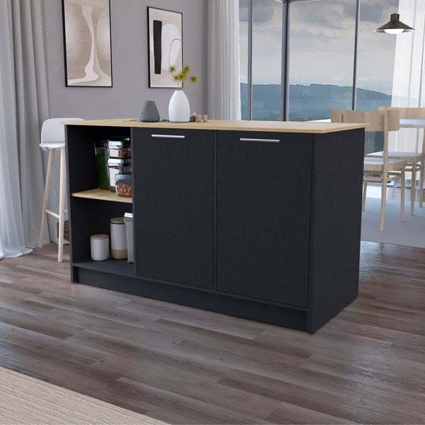 Mercury Kitchen Island with spacious Countertop Double Door Cabinets and 2 Open Storage Shelves Black / Macadamia