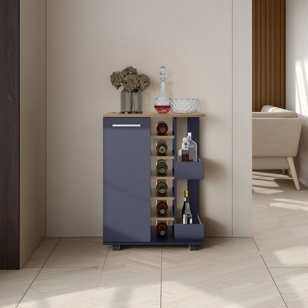 Carefree bar cabinet, bottle racks, double side shelves, modern design in Kronos Ash and Kronos Blue.