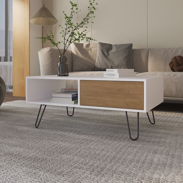 Gramling Coffee Table with a Drawer and Hairpin Legs, White + Natural Oak