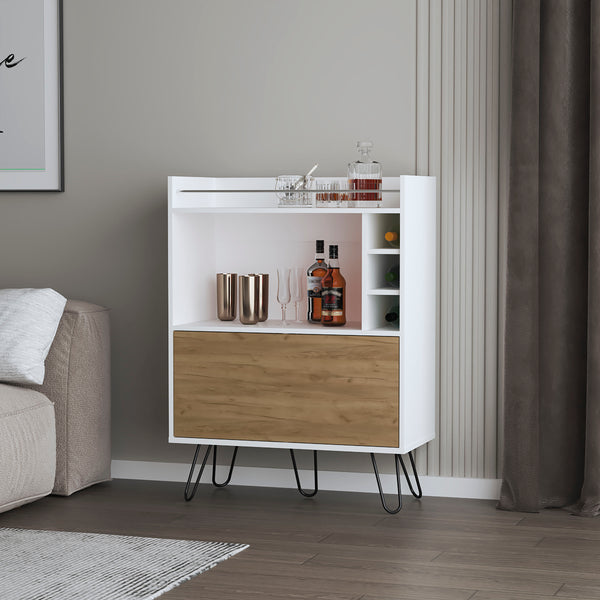 Otho Bar Cabinet with Drop-Down Door, Wine Storage, Open Shelves, and Hairpin Legs, White and Ash Wood