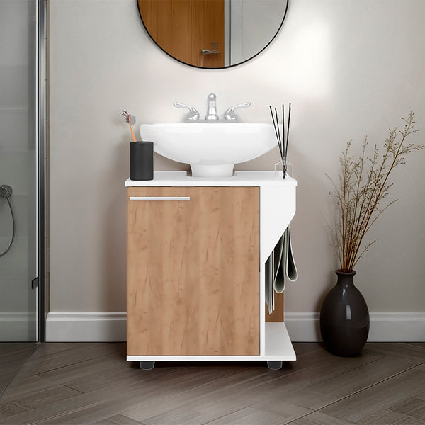 AS CRZ Under Sink Storage Cabinet for Pedestal Sink, Compact Bathroom Organizer with Side Compartment, White and Natural Oak