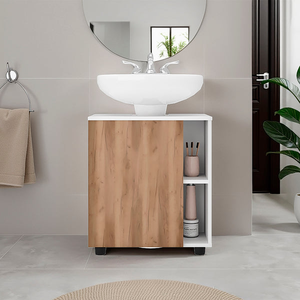 Parade Under Pedestal Sink Cabinet, 1 Door, 5 Open Compartments, Melamine Finish, White and Natural Oak