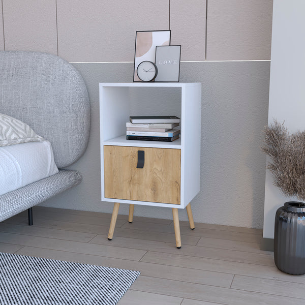 Kimball Tall Nightstand with Drawer Open Shelf and Wooden Legs White / Macadamia