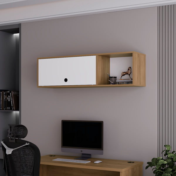 FM FURNITURE Roslyn Wall-Mounted Cabinet with Lift-Up Door, Open Compartments, Natural Oak and White