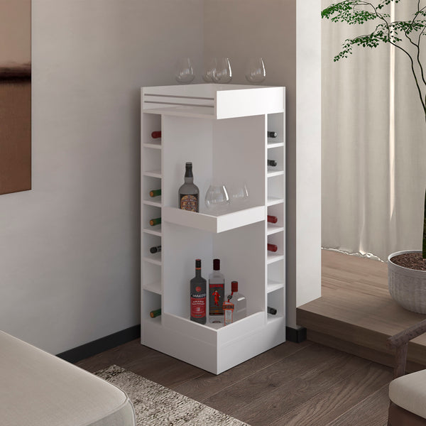 Lamer Corner Bar Cabinet with Wine Rack and Open Shelf, White