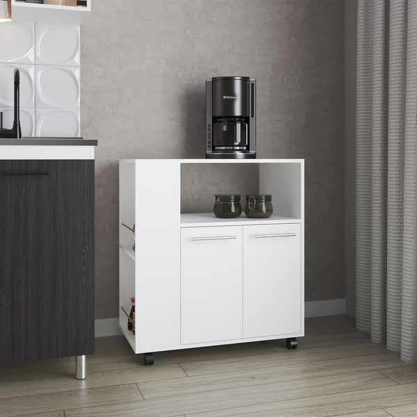 FM FURNITURE Linden Kitchen Cart with Microwave Shelf, Open Storage, and Two-Door Cabinet, White