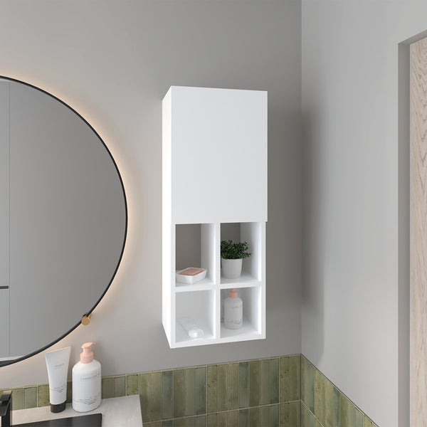 "Wall-Mounted Bathroom Cabinet with Door and 4 Open Shelves, White Finish."