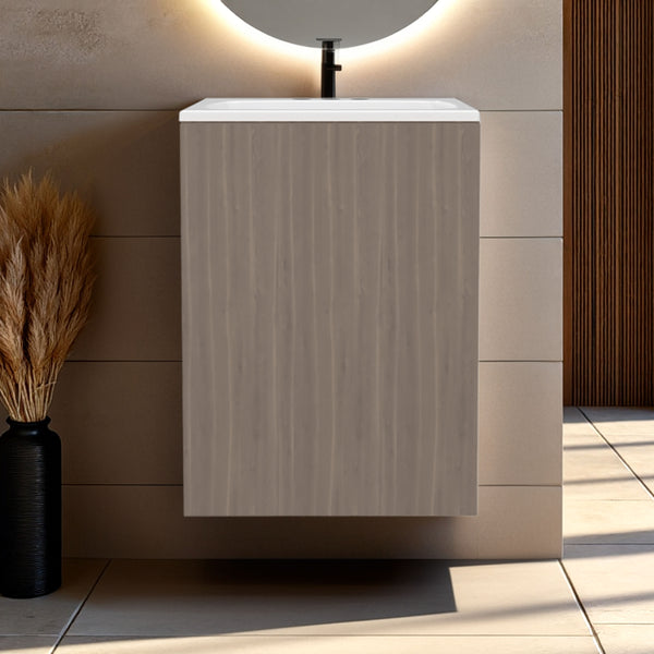 Siena Compact Vanity Cabinet, Single Door, Two Open Side Shelves, Space-Saving Design, Melamine,Bathroom Storage Unit, White Oak