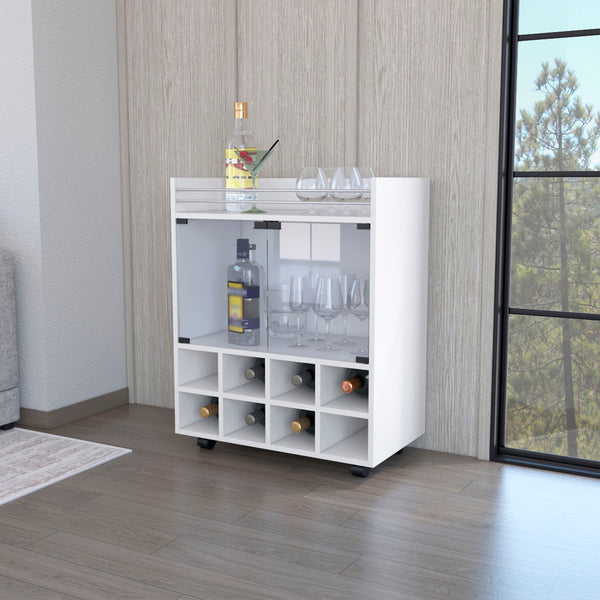 Minneapolis Bar Cart with Integrated 8-Bottle Rack Glass Encased Cabinet and Aluminum Bar Top White