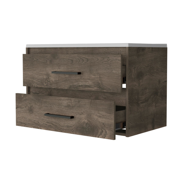 Maine Bathroom Vanity Wall Mounted with 2-Drawers, Dark Brown / White Finish