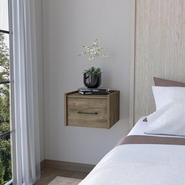 Elfrida Wall-Mounted Nightstand Sleek Single-Drawer Design with Spacious Top Shelf Dark Brown