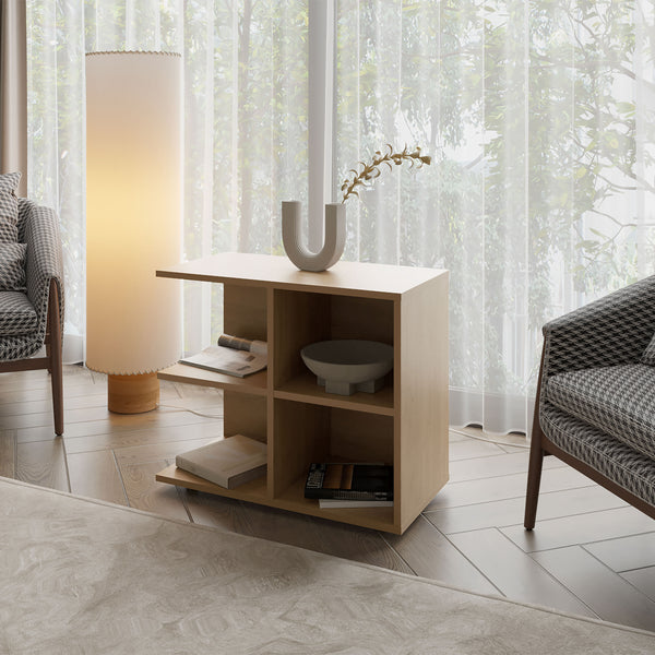 Angus Side Table with Open Storage and 4 Shelves, Natural Oak