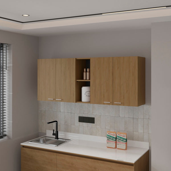 FM FURNITURE Luray Wall Cabinet kitchen in Melamine wit 4 Doors  and Open Storage, Natural Oak