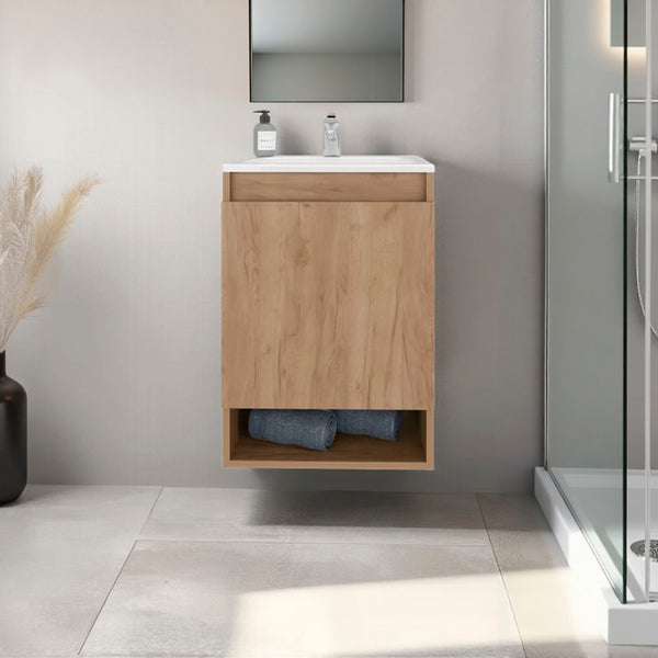 Wright Wall-Mounted Bathroom Vanity with Sink, 2 Doors, Open Shelf, Integrated Basin, Natural Oak