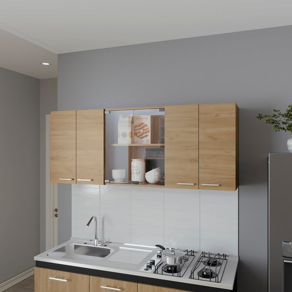 FM FURNITURE Lydia Wall Cabinet kitchen in Melamine wit 4 Doors  and Glass Storage, Natural Oak