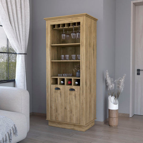 Hampton Bar Cabinet with 4-Built In Wine Rack Glass Holder and Storage Cabinet Macadamia