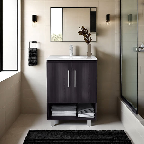 Texas Freestanding Bathroom Vanity Cabinet with Double Doors, Open Shelf, and Elevated Base, Modern Design for Sink Installation and Organized Storage, Wenge