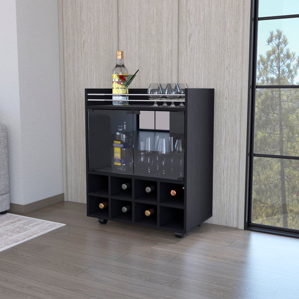 Minneapolis Bar Cart with Integrated 8-Bottle Rack Glass Encased Cabinet and Aluminum Bar Top Black