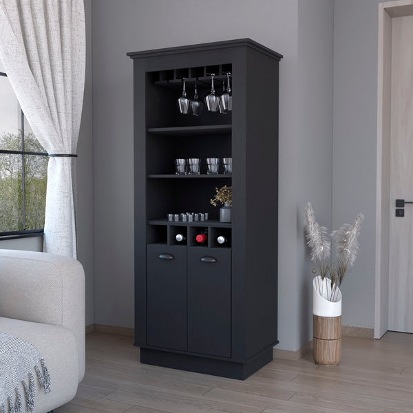 Hampton Bar Cabinet with 4-Built In Wine Rack Glass Holder and Storage Cabinet Black