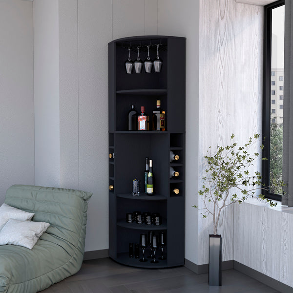 Clifton Corner Bar Cabinet with 5 shelvesCup Hanger and Eight Built-in Wine Rack Black