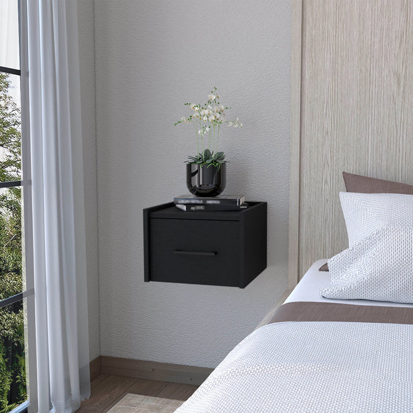 Elfrida Wall-Mounted Nightstand Sleek Single-Drawer Design with Spacious Top Shelf Black