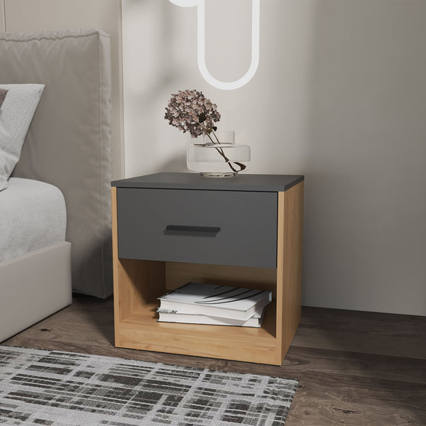 Solomon Nightstand with a Drawer, Natural Oak and Matt Grey