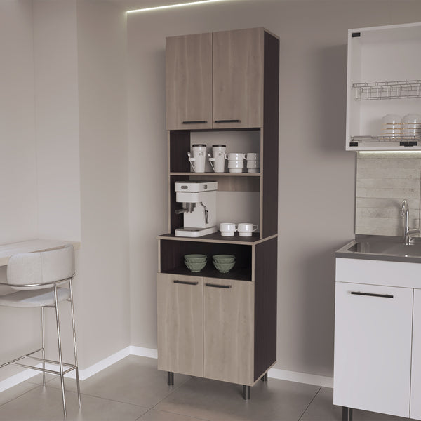Bullhead City Kitchen Pantry with Open Storage and 4 Doors,  White Oak and Wengue