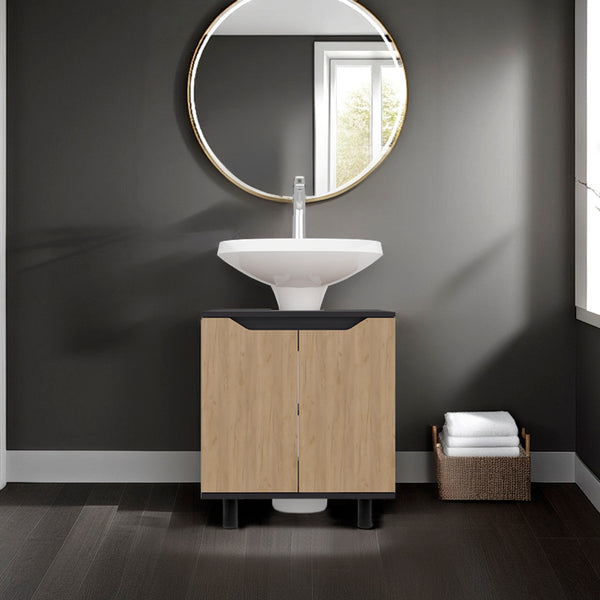 Jerome Under Sink Storage Cabinet with Double Doors and Adjustable Shelves, Natural Oak and Black