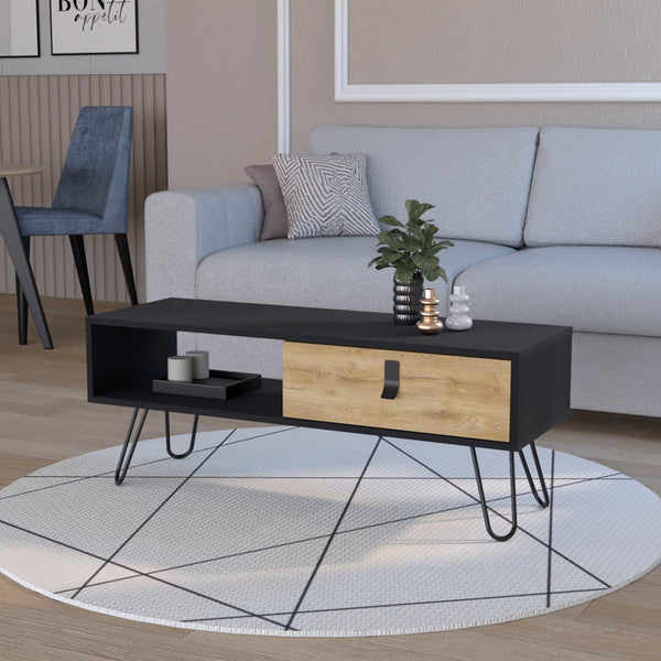 Kimball Coffee Table with Drawer and Hairpin Legs Black / Macadamia