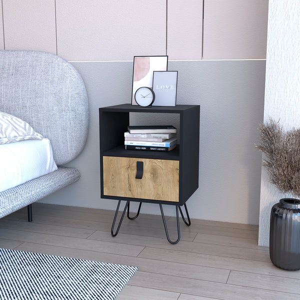 Kimball Nightstand Ample Storage Design with Hairpin Legs Drawer an Open Shelf Black / Macadamia