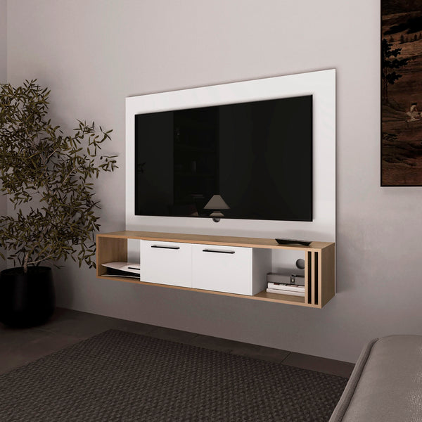 Lesslie Entertainment Center Multistorage and Cable Management, White and Natural Oak