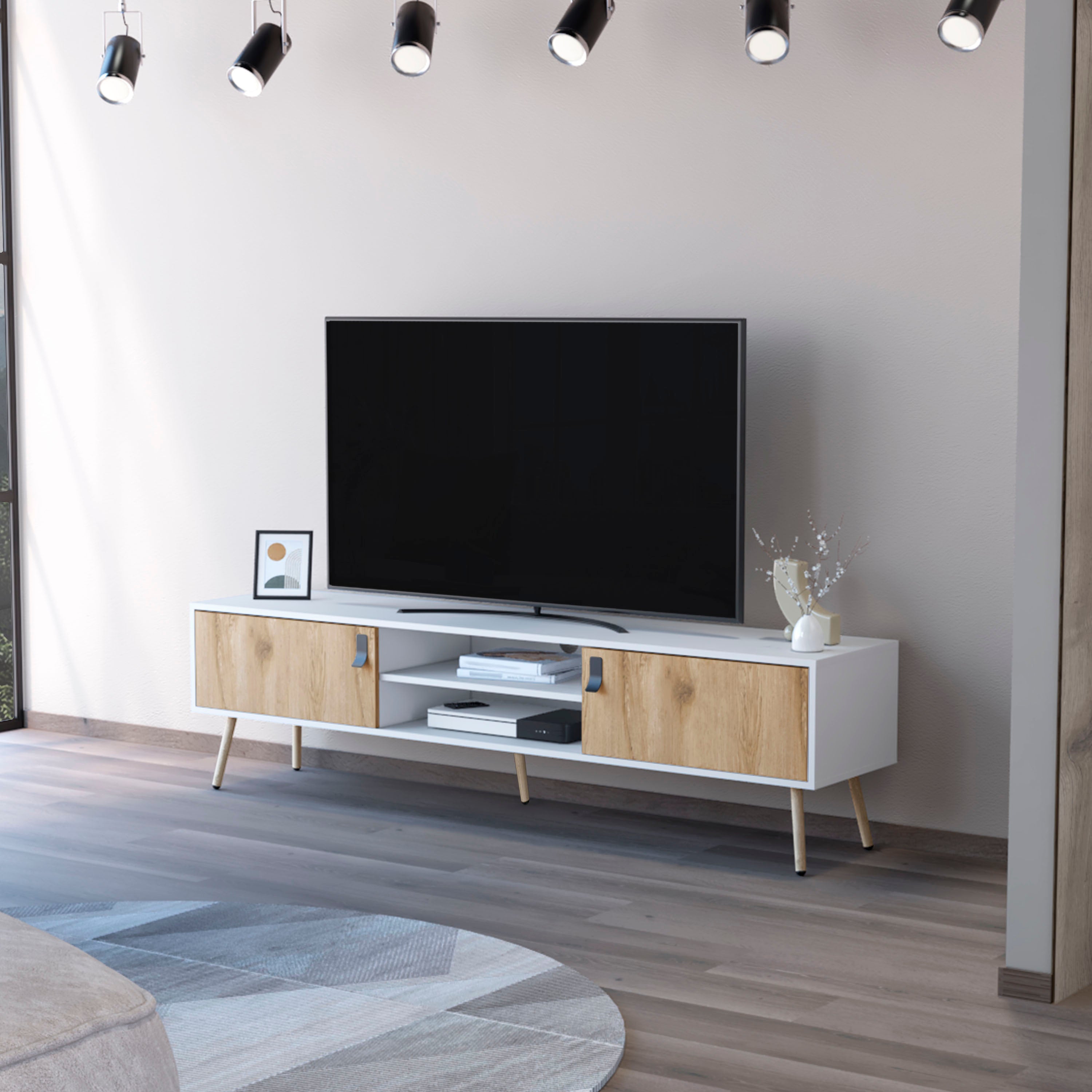 Kimball TV Rack Spacious Storage with 2 Hinged Drawers and Open Shelve ...