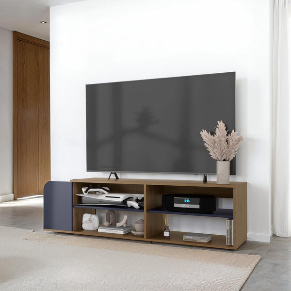 Modern TV Stand, Entertainment Console with Open Shelves, Navy blue and Naatural Oak