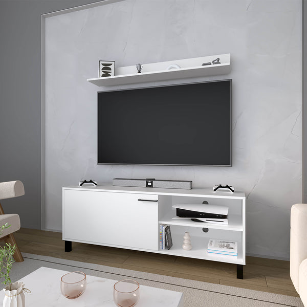 Bitter Springs Tv Stand 65" in melamine with Open Storage,pneumatic arms and 1 Door, White