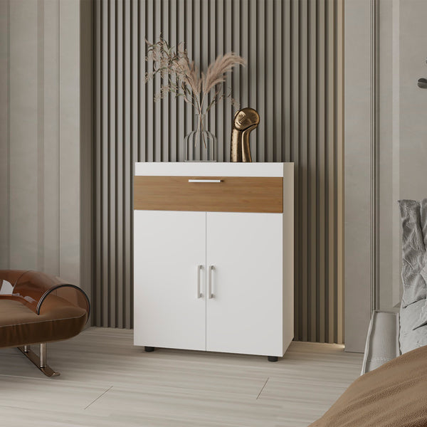North Fork Shoe Rack, Pneumatic Lift-Up Compartment, Dual Doors, White and Natural Oak
