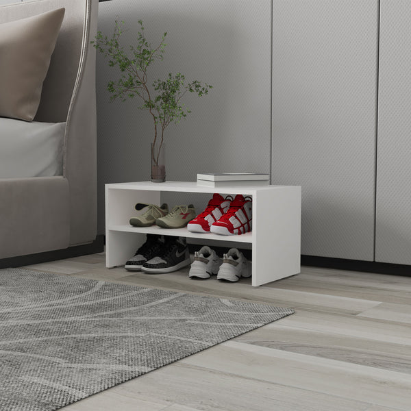 Shoe Rack, 2 Open Shelves, Low Horizontal Design, Freestanding Unit, Bedroom Use, White
