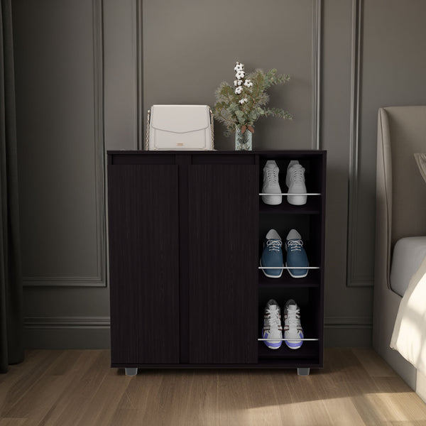 Dark wood shoe cabinet with two closed doors and open side shelves, shoes on shelves