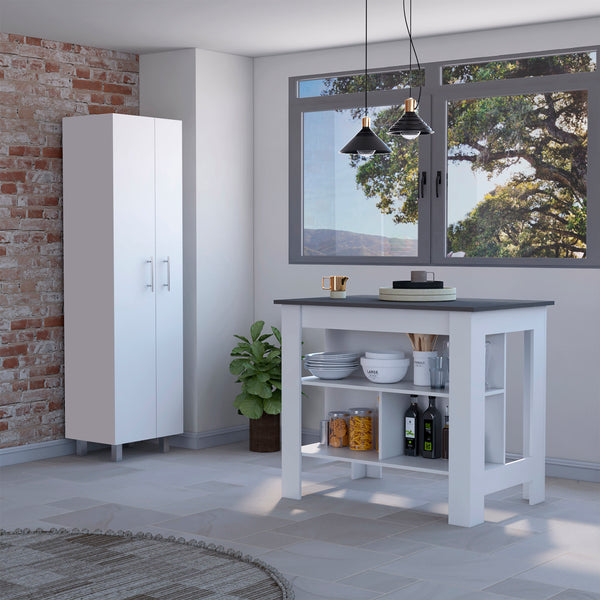 London 2 Piece Kitchen Set, Kitchen Island + Pantry , White/Onyx Finish