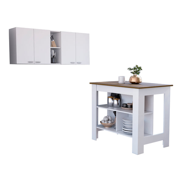 Austin 2 Piece Kitchen Set, Upper Wall Cabinet+Kitchen Island, White/Walnut Finish