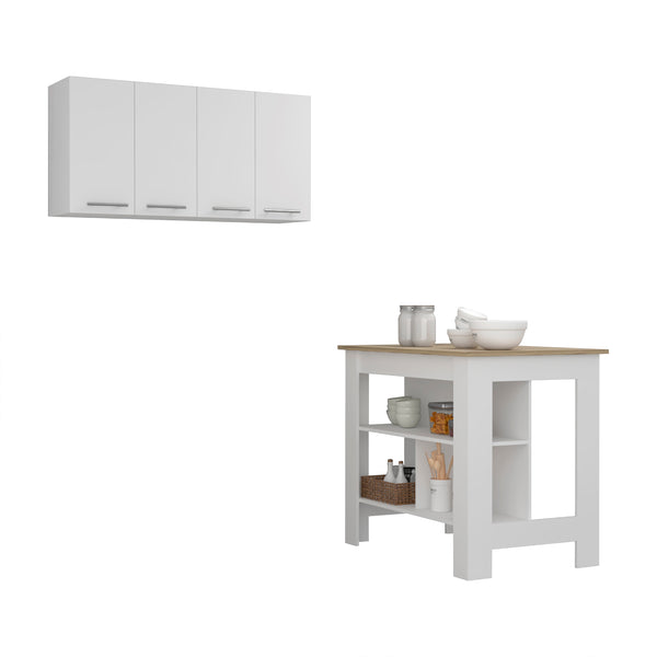 Caledon 2 Piece Kitchen Set, Kitchen Island+Upper Wall Cabinet, White/Light Oak Finish
