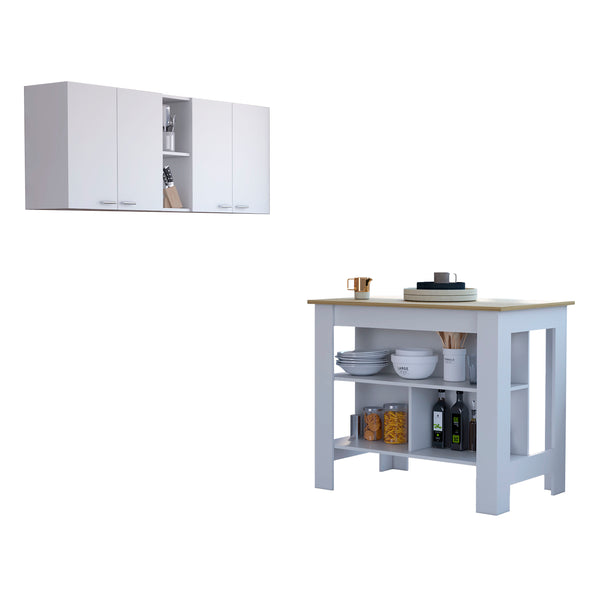 Austin 2 Piece Kitchen Set, Upper Wall Cabinet+Kitchen Island, White/Light Oak Finish