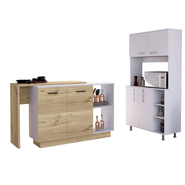 Quebec 2 Piece Kitchen Set,  Kitchen Island+Pantry Cabinet, White/Light Oak Finish
