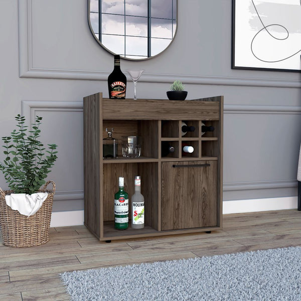 Leeds Bar Cabinet, Single Cabinet, Two Concealed Shelves, Six Cubbies, Surface
