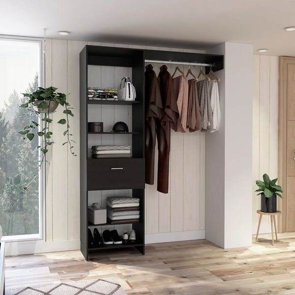 Hybrid Closet System, Five Open Shelves, One Drawer, Metal Rod