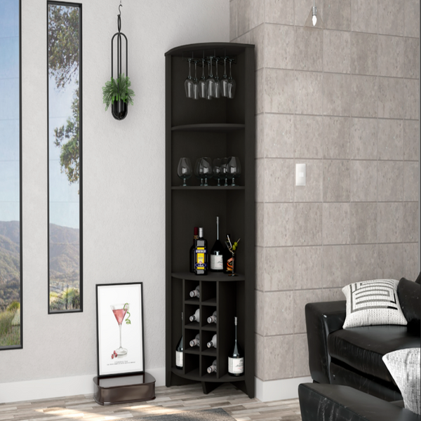 Bouvet Corner Bar Cabinet, Three Shelves, Eight Wine Cubbies, Two Side Shelves