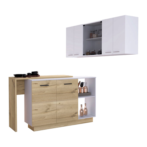 Granby 2 Piece Kitchen Set, Kitchen Island + Upper Wall Cabinet Kitchen Set, White /Light Oak