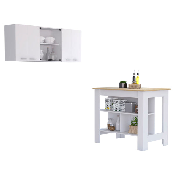 Norfolk 2 Piece Kitchen Set, Kitchen Island + Upper Wall Cabinet , White /Light Oak
