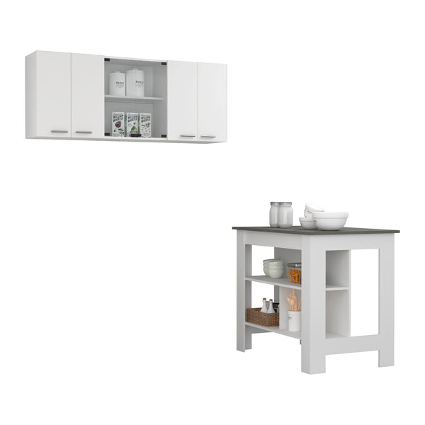 Norfolk 2 Piece Kitchen Set, Kitchen Island + Upper Wall Cabinet , White/Onyx